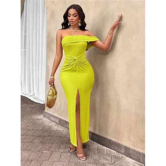 Off Shoulder Asymmetrical Neck Twist Slit Hem Maxi Sexy Women Dress - Picture 4 of 6